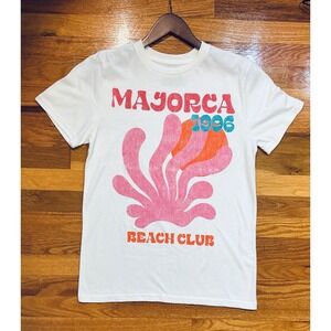 White Majorca 1996 Beach Club Graphic T Shirt Size S/P Travel Resort Tropical